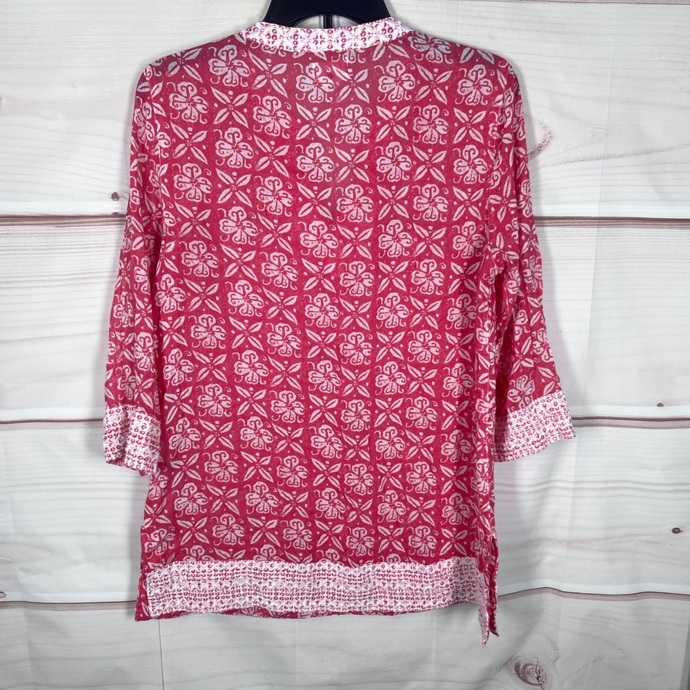 Sigrid Olsen Tunic Top Women Small Pink Floral Cotton Embroidered V-Neck Blouse - Picture 8 of 9